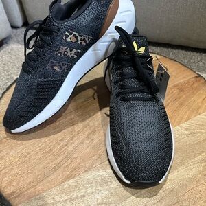 Adidas Women Black Knit Sneakers with Leopard Stripe Accents